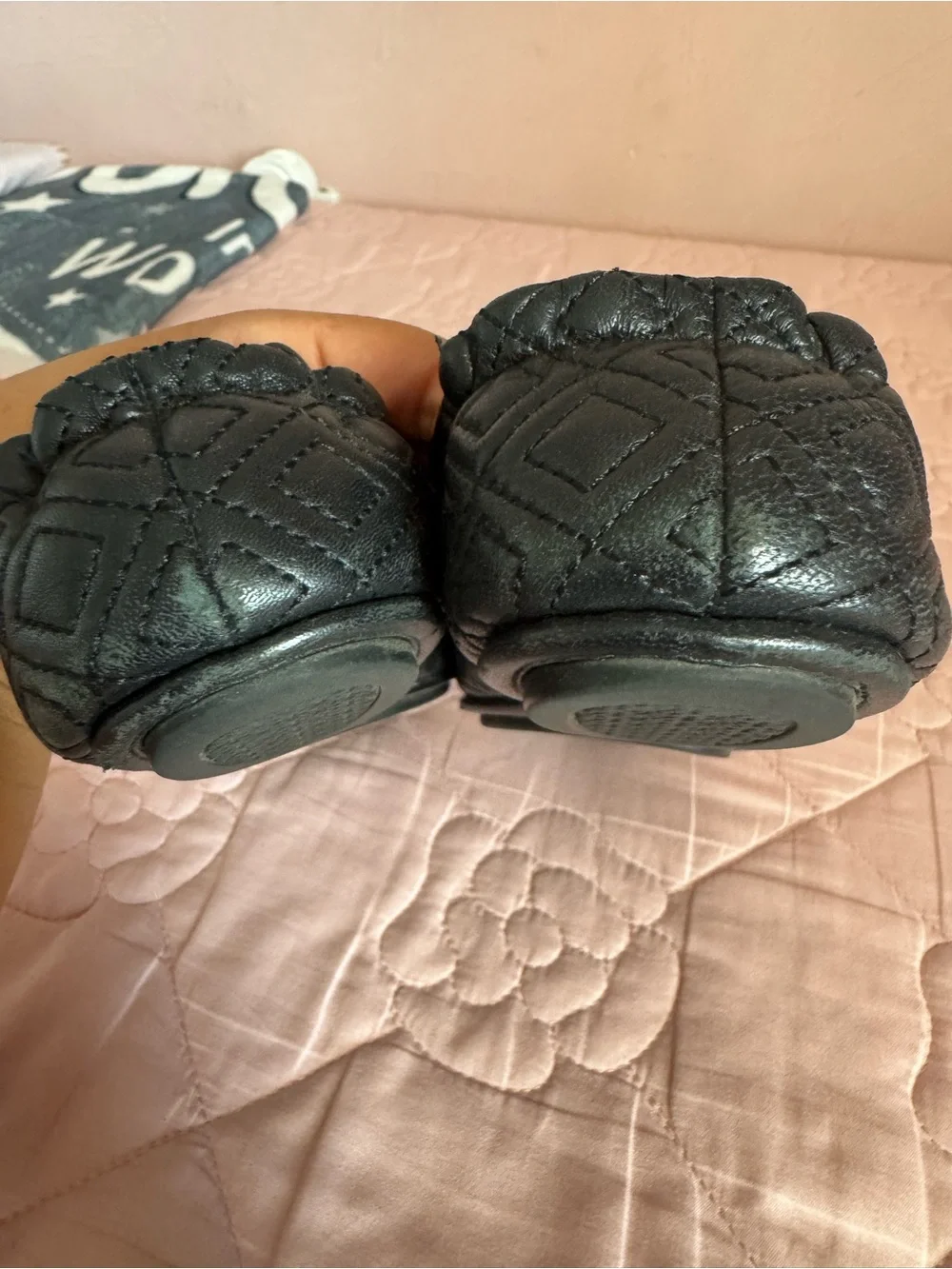 Tory Burch Black Quilted Flats with Gold Logo Medallions
